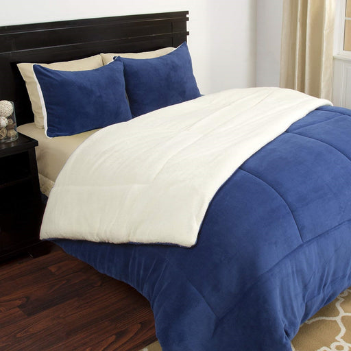 Bedford Home 66A-27391 3 Piece Sherpa & Fleece Comforter Set, Full & Queen Size - Navy