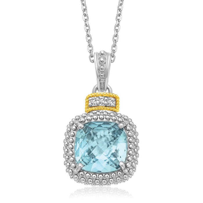 18k Yellow Gold & Sterling Silver Popcorn Sky Blue Topaz & Diamond Pendant - Size 18 in.