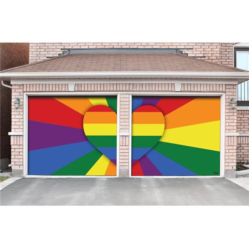 My Door Decor 285901PRDE-005 7 x 8 ft. Heart Rays Outdoor LGBT Door Mural Sign Split Car Garage Banner Decor&#44; Multi Color