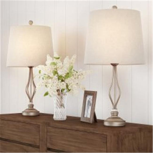 Trademark 72-LMPST2-11 Matching Curved Openwork Steel Modern Lighting Table Lamps&#44; Distressed Gold&#44; Clear Acrylic & Natural Linen - Set of 2