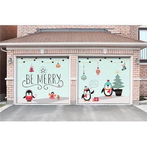My Door Decor 285901XMAS-024 7 x 8 ft. Merry Penguins Christmas Door Mural Sign Split Car Garage Banner Decor&#44; Multi Color