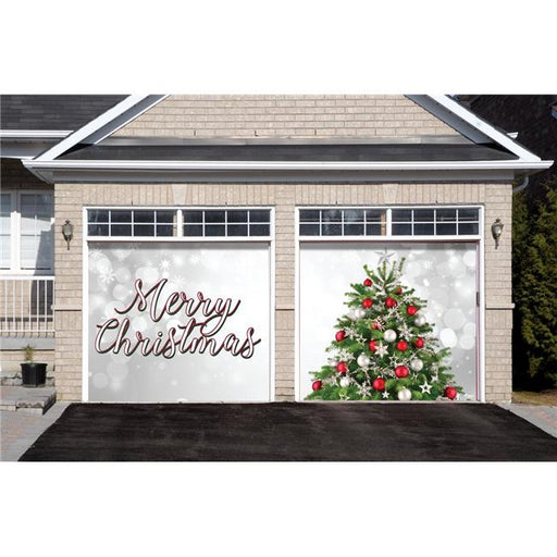 My Door Decor 285901XMAS-025 7 x 8 ft. Merry Christmas Tree Christmas Door Mural Sign Split Car Garage Banner Decor&#44; Multi Color