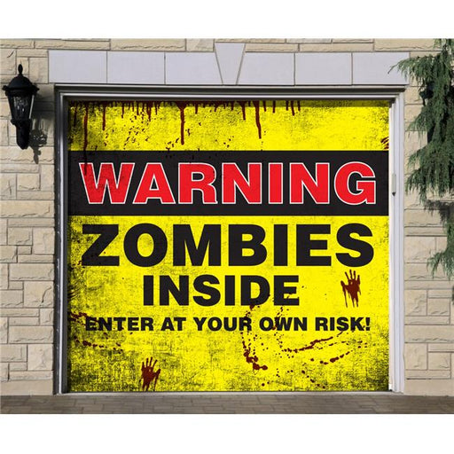 My Door Decor 285903HALL-013 7 x 8 ft. Zombies Inside Halloween Door Mural Sign Car Garage Banner Decor&#44; Multi Color