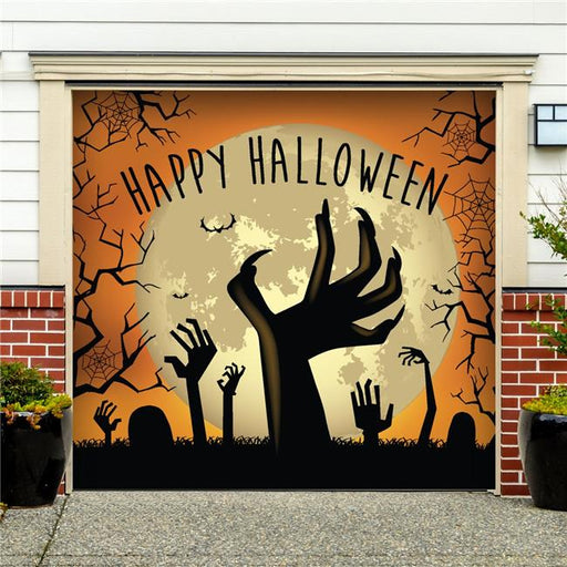 My Door Decor 285903HALL-008 7 x 8 ft. Happy Halloween Graveyard Zombie Hands Halloween Door Mural Sign Car Garage Banner Decor&#44; Multi Color