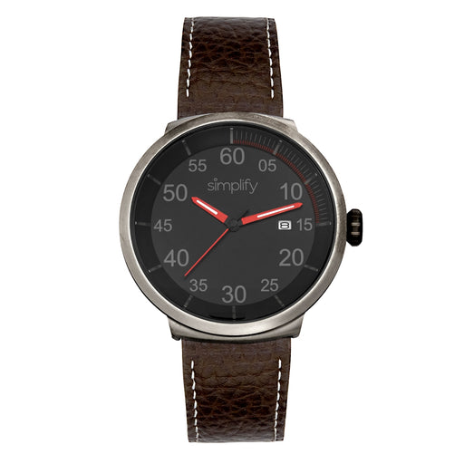 Simplify SIM7106 The 7100 Leather-Band Watch with Date&#44; Dark Brown & Red
