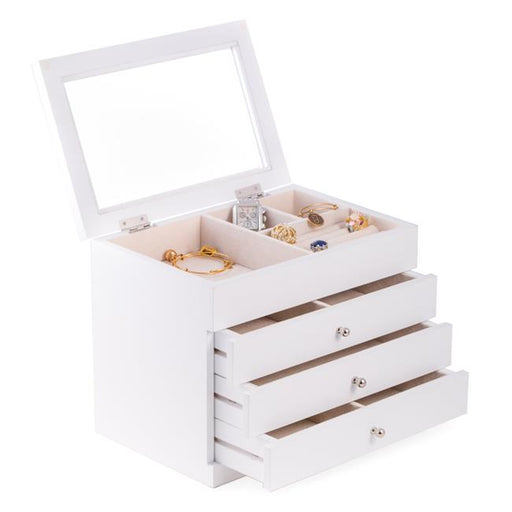 Bey-Berk International BB684WHT White Wood Jewelry Case with 3 Drawers &amp; Glass See-Thru Top