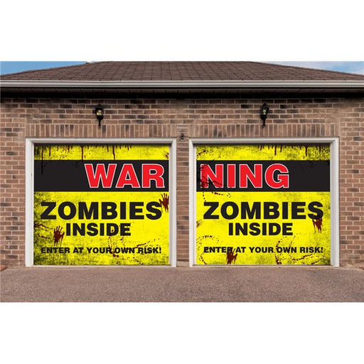 My Door Decor 285901HALL-013 7 x 8 ft. Zombies Inside Halloween Door Mural Sign Split Car Garage Banner Decor&#44; Multi Color