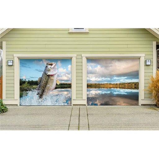 My Door Decor 285901NATR-004 7 x 8 ft. Bass Jumping Nature Door Mural Sign Split Car Garage Banner Decor&#44; Multi Color