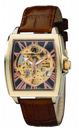 Mens Gold-Plated Stainless Steel Skeleton Dial Automatic Watch