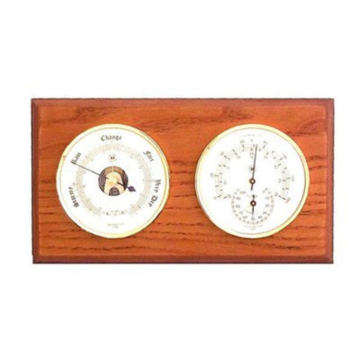 Bey-Berk International WS111 Brass Barometer &amp; Thermometer with Hygrometer on Oak Wood
