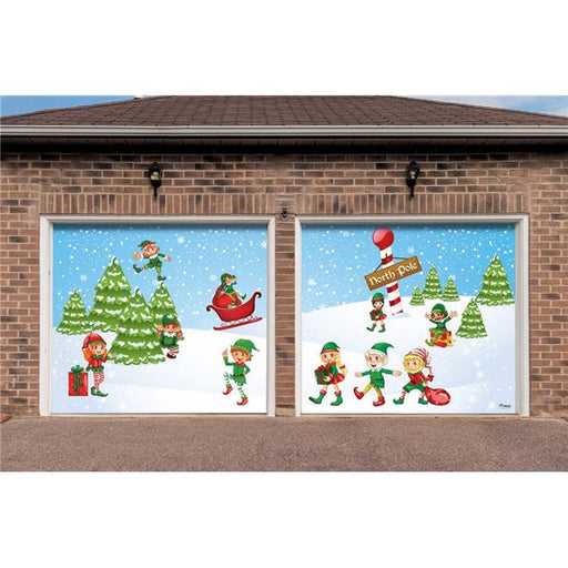 My Door Decor 285901XMAS-026 7 x 8 ft. North Pole Elves Christmas Door Mural Sign Split Car Garage Banner Decor&#44; Multi Color