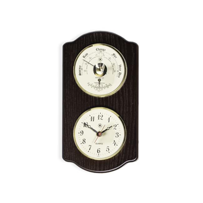 Bey-Berk International WS413 Brass Quartz Clock Barometer with Thermometer - Ash Wood