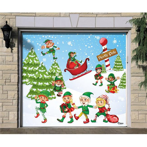 My Door Decor 285903XMAS-026 7 x 8 ft. North Pole Elves Christmas Door Mural Sign Car Garage Banner Decor&#44; Multi Color
