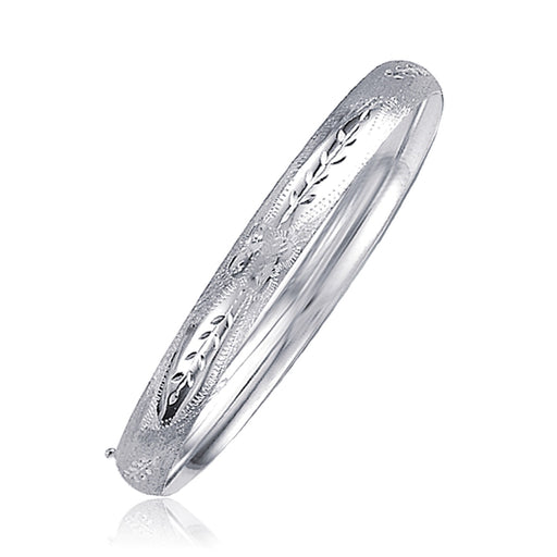 Classic Floral Carved Bangle in 14k White Gold - 6 mm - Size 7 in.