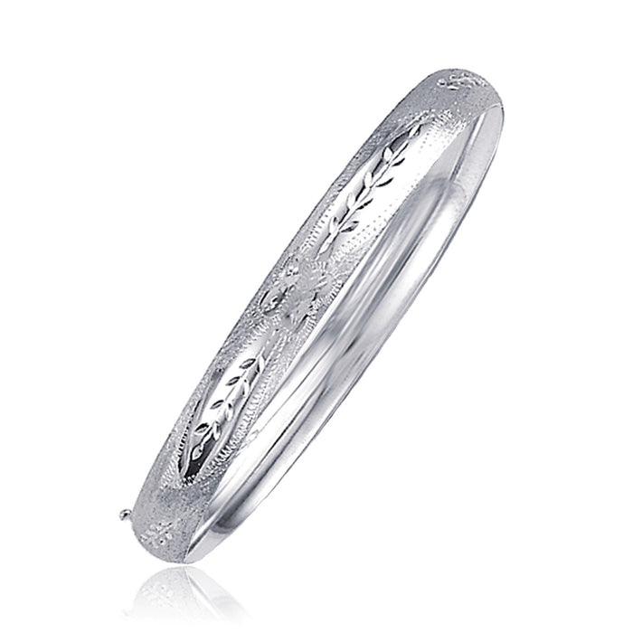 Classic Floral Carved Bangle in 14k White Gold - 6 mm - Size 7 in.