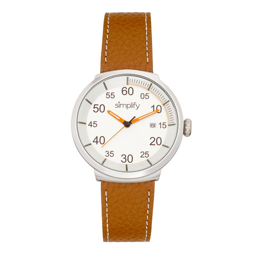 Simplify SIM7102 The 7100 Leather-Band Watch with Date&#44; Brown & Silver