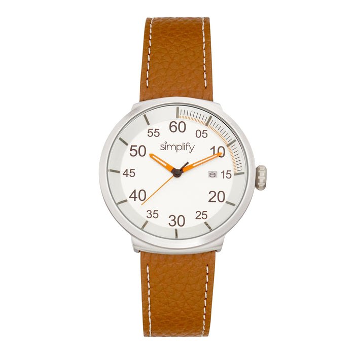 Simplify SIM7102 The 7100 Leather-Band Watch with Date&#44; Brown & Silver