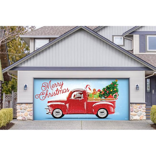 My Door Decor 285905XMAS-028 7 x 16 ft. Red Truck Christmas Christmas Door Mural Sign Car Garage Banner Decor&#44; Multi Color