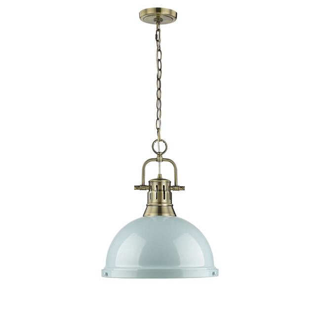 Golden Lighting 3602-L AB-SF Duncan One Light Pendant with Chain in Aged Brass - Seafoam Shade