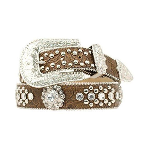 Blazin Roxx N3516602-S 1.5 in. Womens Concho Studded Floral Embossed Western Belt&#44; Brown - Small