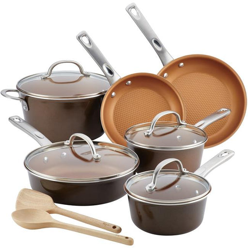 Ayesha Curry 10767 Porcelain Enamel Nonstick Cookware Set&#44; Brown Sugar&#44; 12 Piece