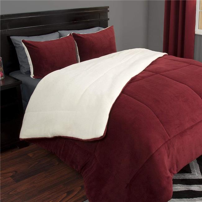 Bedford Home 66A-27377 3 Piece Sherpa & Fleece Comforter Set&#44; Full & Queen Size - Burgundy