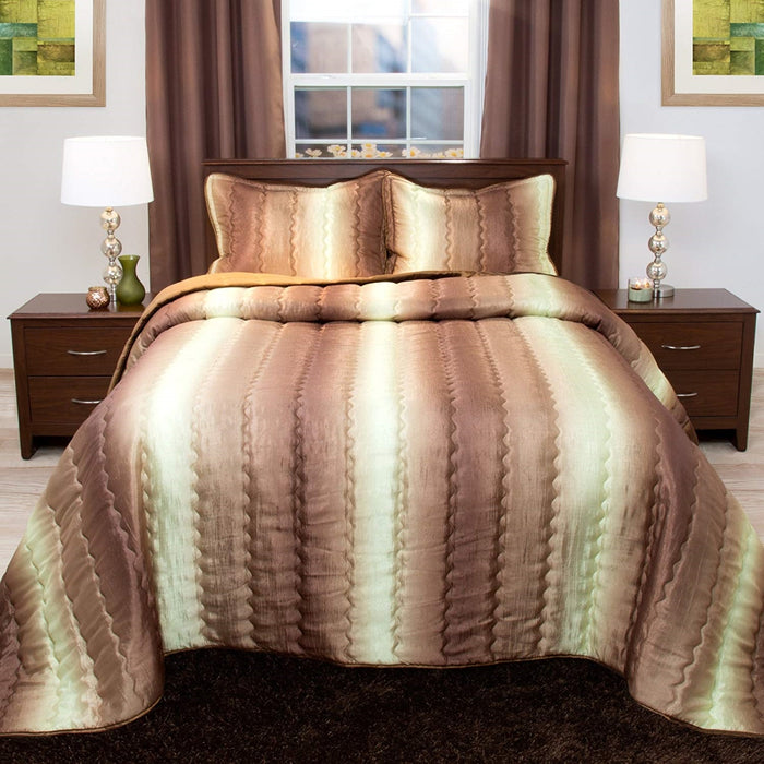 Bedford Home 66A-53871 Striped Metallic Bedspread Set, Twin Size - Chocolate & Taupe