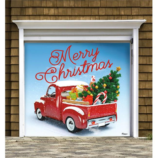 My Door Decor 285903XMAS-028 7 x 8 ft. Red Truck Christmas Christmas Door Mural Sign Car Garage Banner Decor&#44; Multi Color