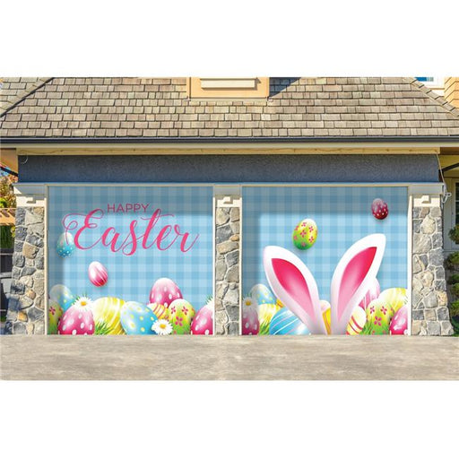 My Door Decor 285901EAST-001 7 x 8 ft. Happy Easter Bunny Ears Holiday Door Mural Sign Split Car Garage Banner Decor&#44; Multi Color
