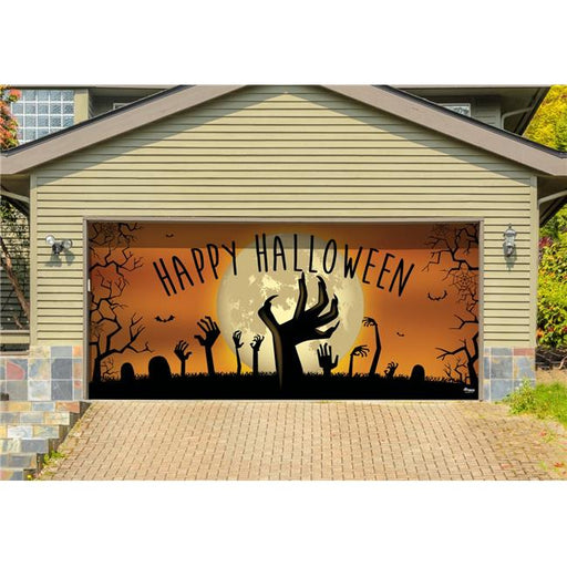 My Door Decor 285905HALL-011 7 x 16 ft. Happy Halloween Graveyard Zombie Hands Halloween Door Mural Sign Car Garage Banner Decor&#44; Multi Color