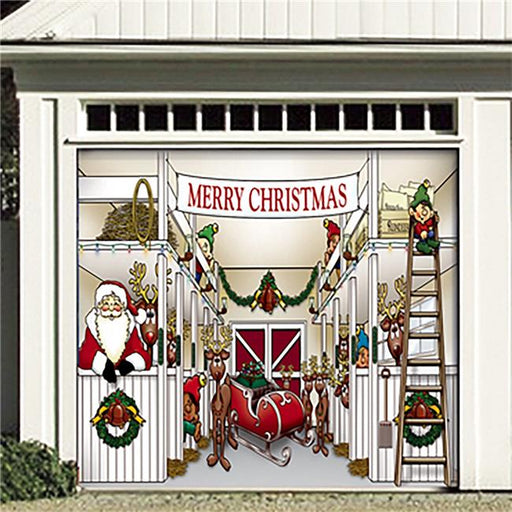My Door Decor 285903XMAS-006 7 x 8 ft. Santas Reindeer Barn Holiday Door Mural Sign Banner Decor&#44; Multi Color