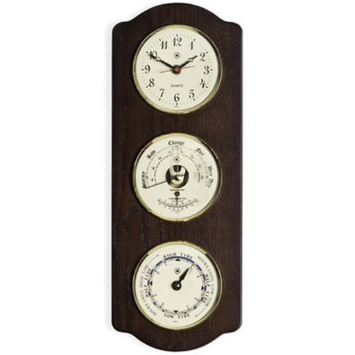 Bey-Berk International WS418 Brass Quartz Clock Tide Clock &amp; Barometer with Thermometer in Ash Wood
