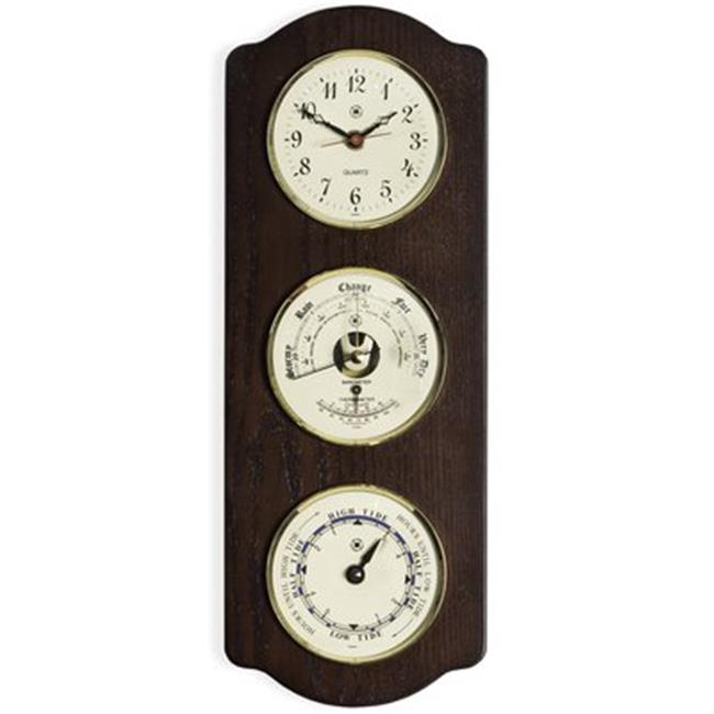 Bey-Berk International WS418 Brass Quartz Clock Tide Clock &amp; Barometer with Thermometer in Ash Wood