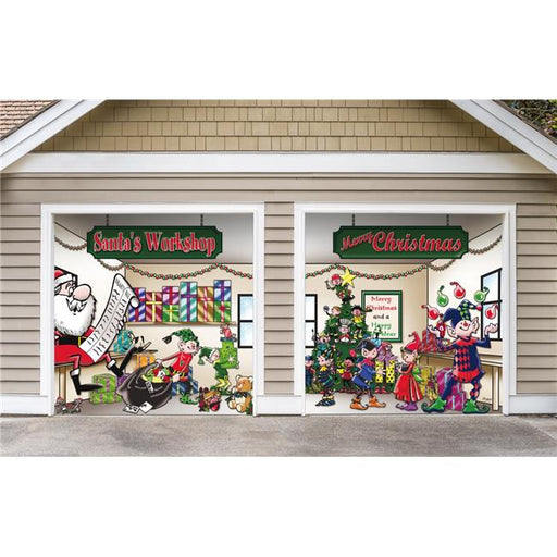 My Door Decor 285901XMAS-003 7 x 8 ft. Santas Workshop Outdoor Holiday 2 Car Split Door Mural Sign Banner Decor with Two Graphic Kits&#44; Multi Color