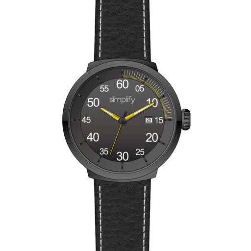 Simplify SIM7105 The 7100 Leather-Band Watch with Date&#44; Black & Yellow