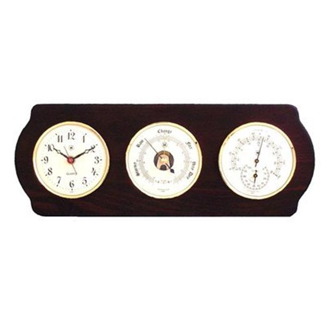 Bey-Berk International WS414 Brass Quartz Clock Barometer Thermometer with Hygrometer - Ash Wood