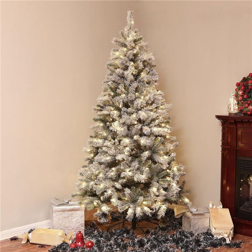 Luxen Home WHAP685 7 ft. Pre-Lit Clear LED Artificial Flocked Christmas Tree with Metal Stand