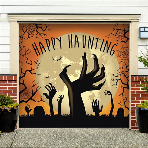 My Door Decor 285903HALL-007 7 x 8 ft. Happy Haunting Graveyard Zombie Hands Halloween Door Mural Sign Car Garage Banner Decor&#44; Multi Color