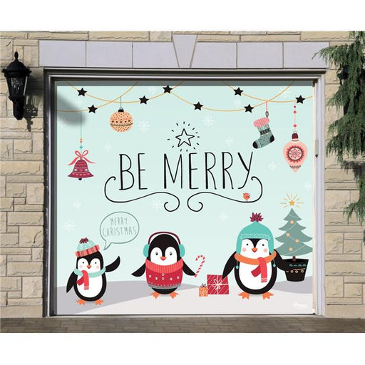 My Door Decor 285903XMAS-024 7 x 8 ft. Merry Penguins Christmas Door Mural Sign Car Garage Banner Decor&#44; Multi Color