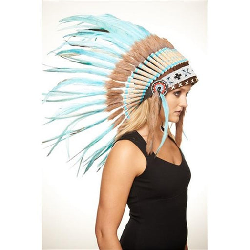 Kayso SH006 Short Length Hand-Made Brown Synthetic Fur Teal Feather Headdress